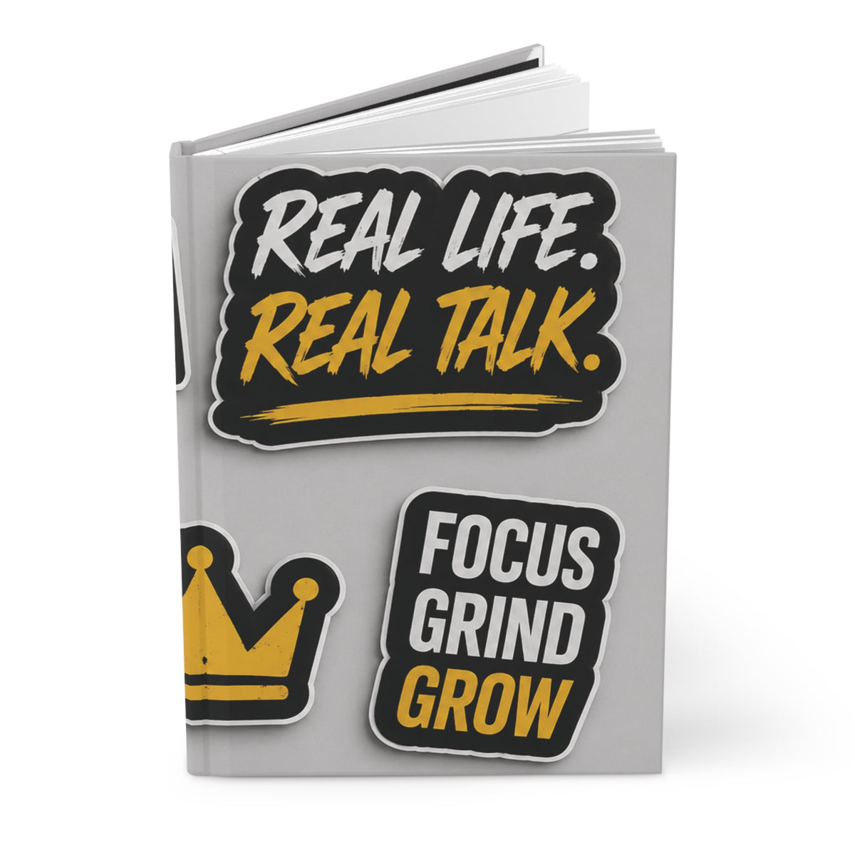 Hardcover Journal — Motivational Sticker Design: "Real Life. Real Talk." & "Keep Going"