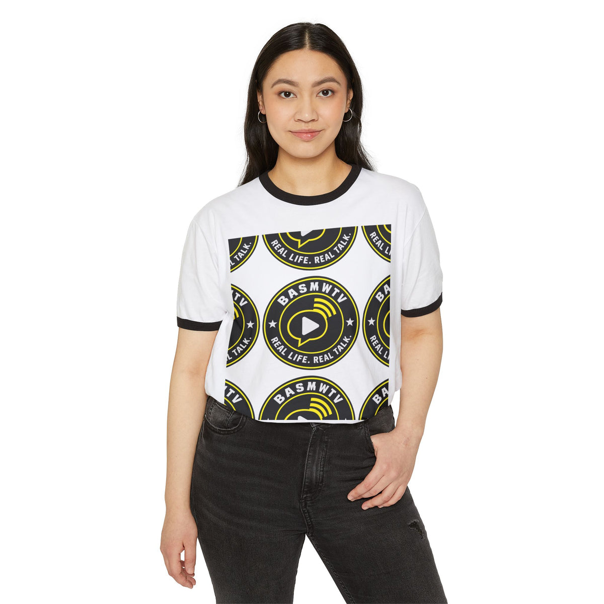 BASMWTV Logo Ringer Tee — "Real Life. Real Talk." Graphic T-Shirt