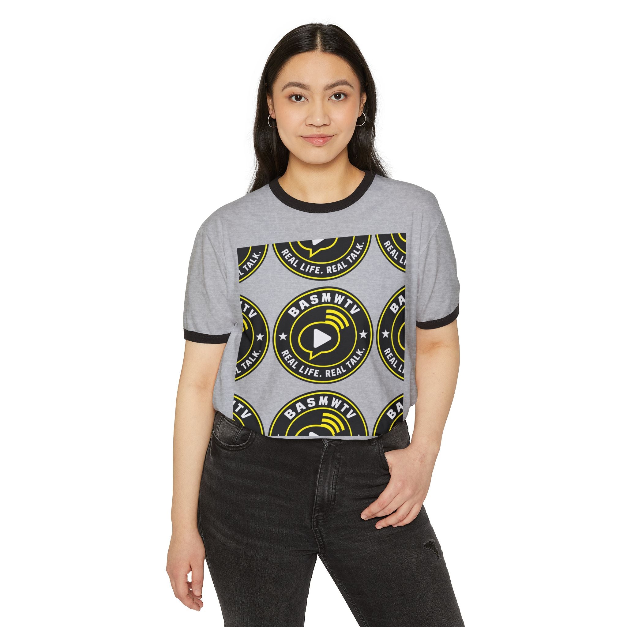 BASMWTV Logo Ringer Tee — "Real Life. Real Talk." Graphic T-Shirt