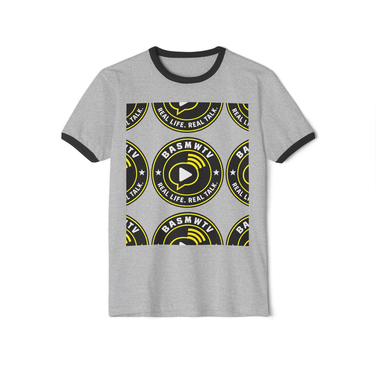 BASMWTV Logo Ringer Tee — "Real Life. Real Talk." Graphic T-Shirt